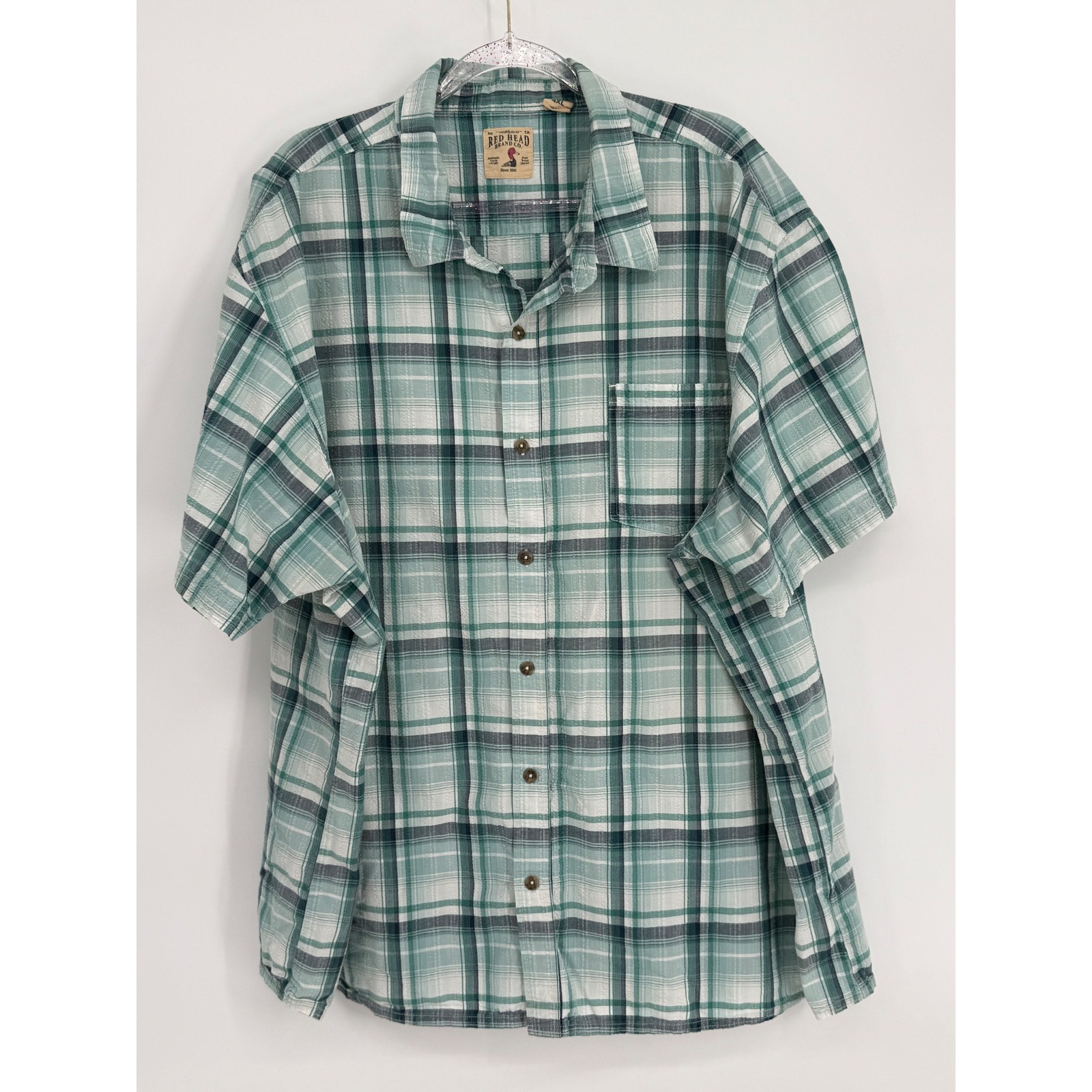 Redhead Brand Co Mens Short Sleeve Button Down Plaid Shirt Teal/White Sz 4xl